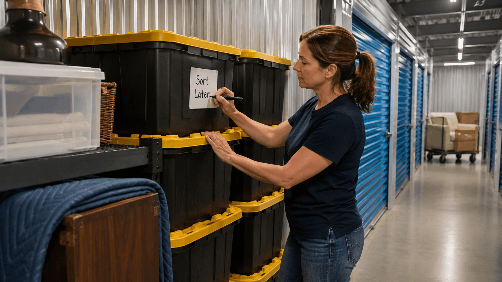 Woman labeling black storage bins Sort Later at Los Angeles self-storage facility
