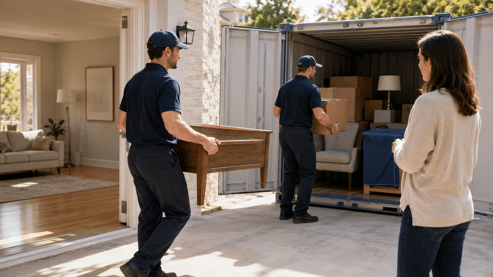 Two professional movers unloading furniture and boxes from storage container into home