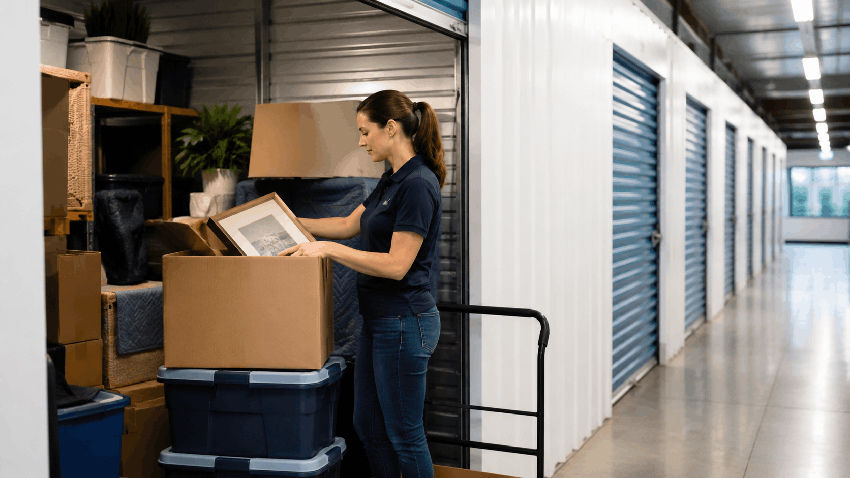 Woman organizing framed artwork and boxes in Los Angeles self-storage unit
