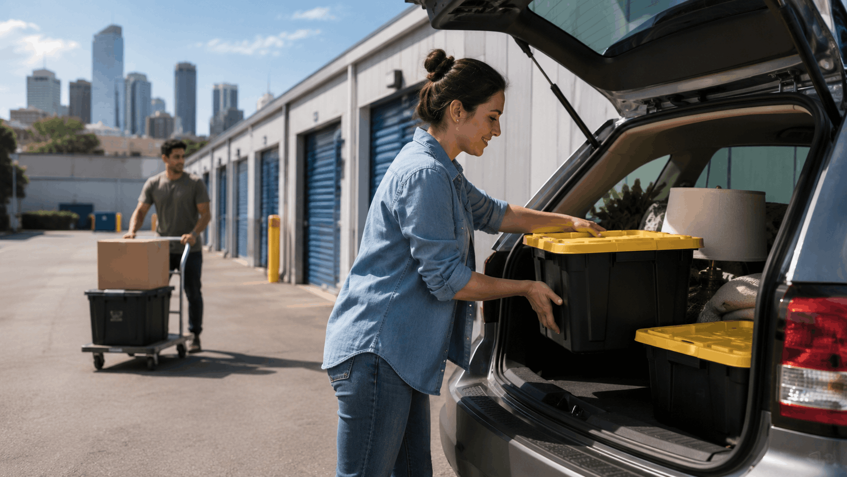 Woman loading yellow storage bins into SUV at Los Angeles self-storage facility