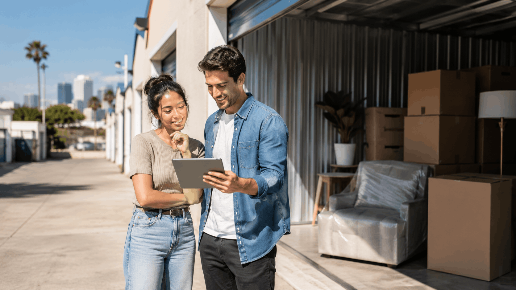 Couple reviewing tablet outside Los Angeles self-storage unit filled with moving boxes