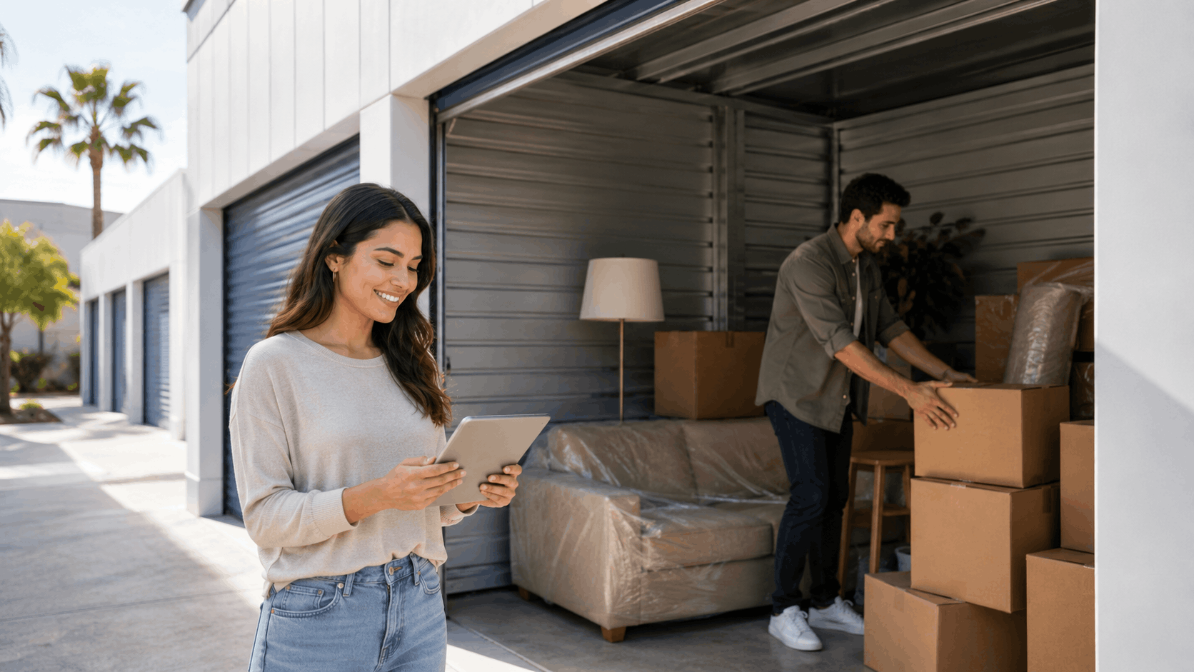 Woman with tablet managing inventory while man loads boxes into Los Angeles storage unit