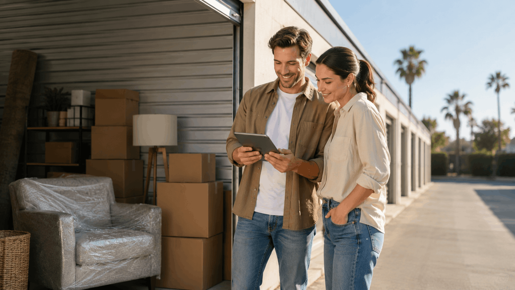 Smiling couple reviewing tablet outside packed self-storage unit in Los Angeles