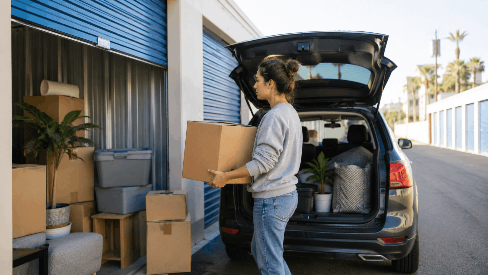Woman loading cardboard boxes into SUV at Los Angeles self-storage facility