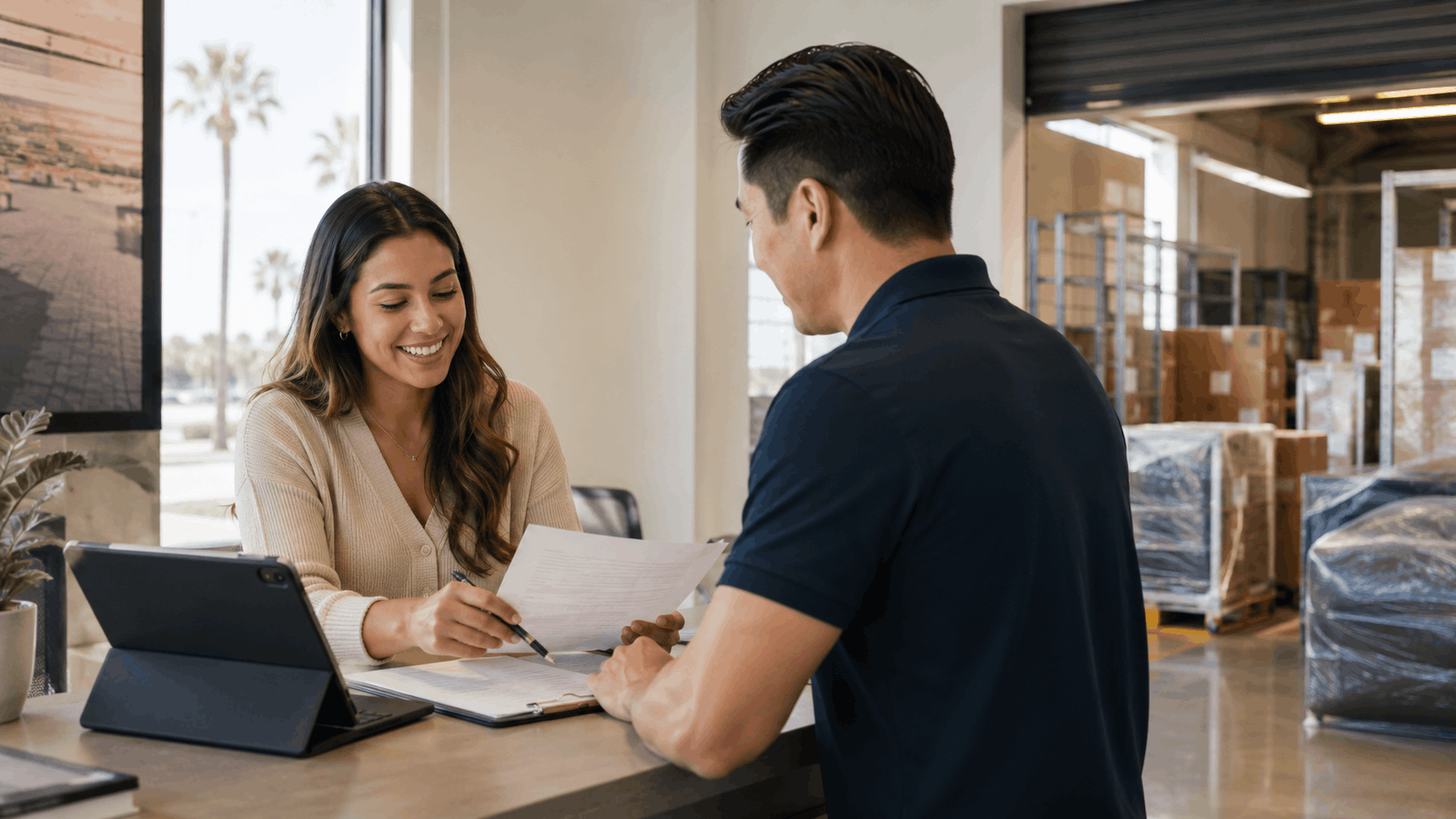 Smiling woman reviewing storage paperwork with man at warehouse reception desk