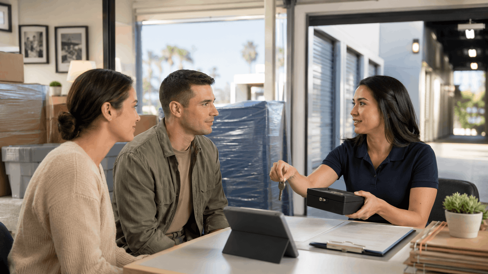 Storage facility manager handing keys to military couple signing storage unit contract