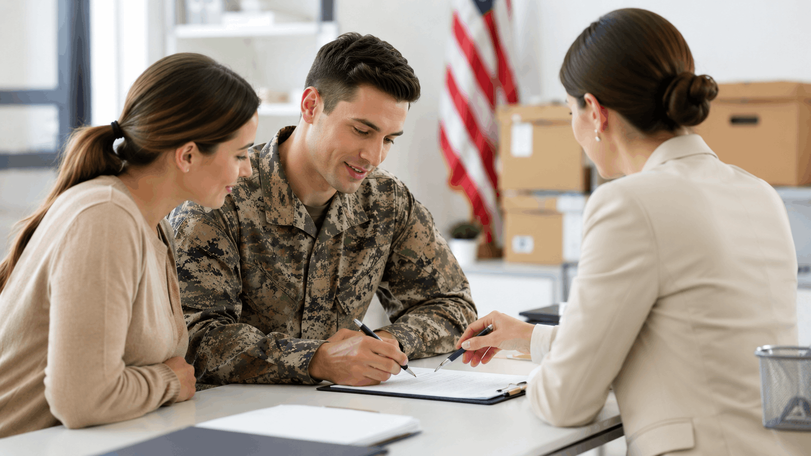 Military couple signing deployment storage contract with professional consultant in office