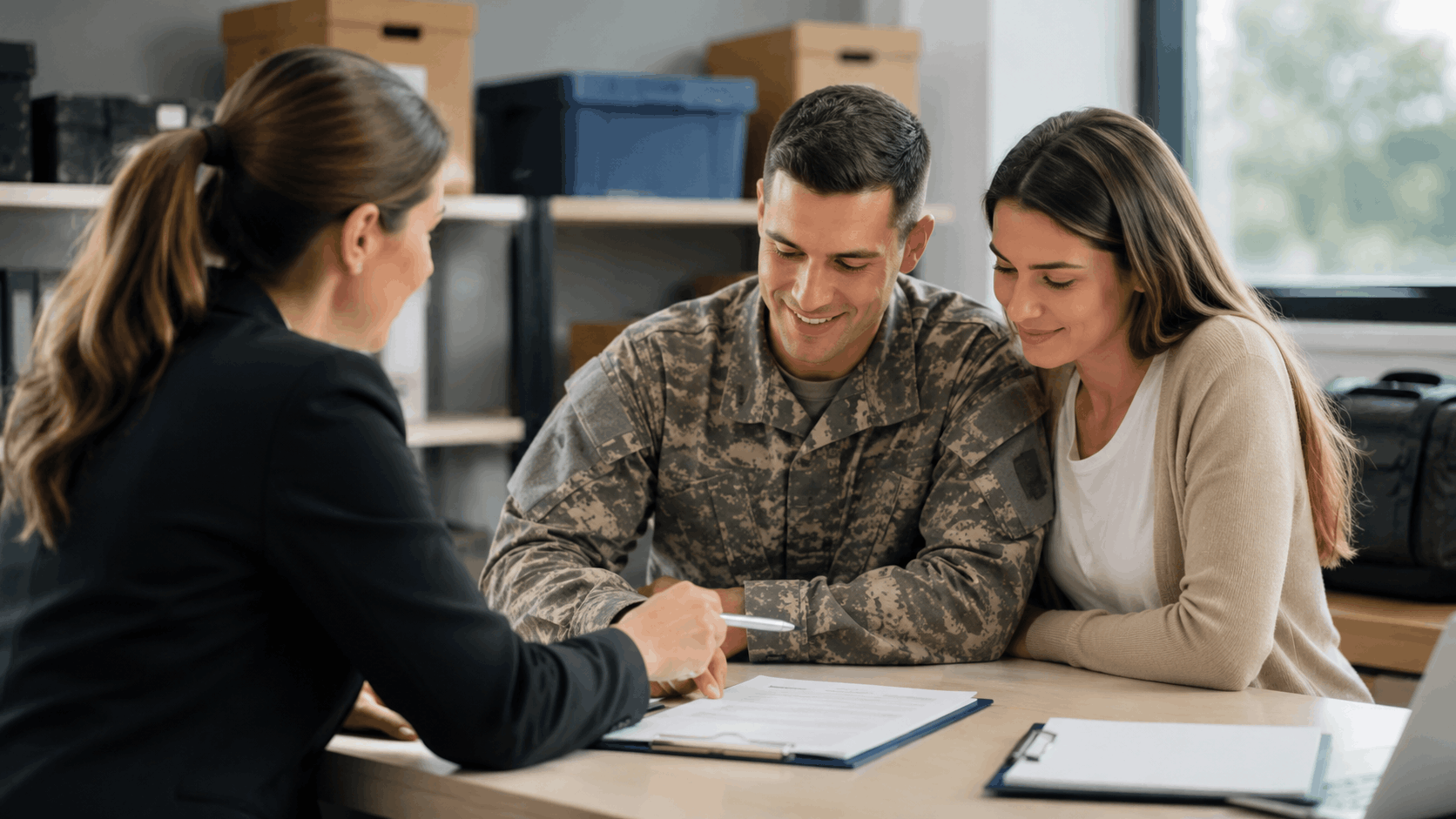 Military service member and spouse reviewing moving documents with storage consultant
