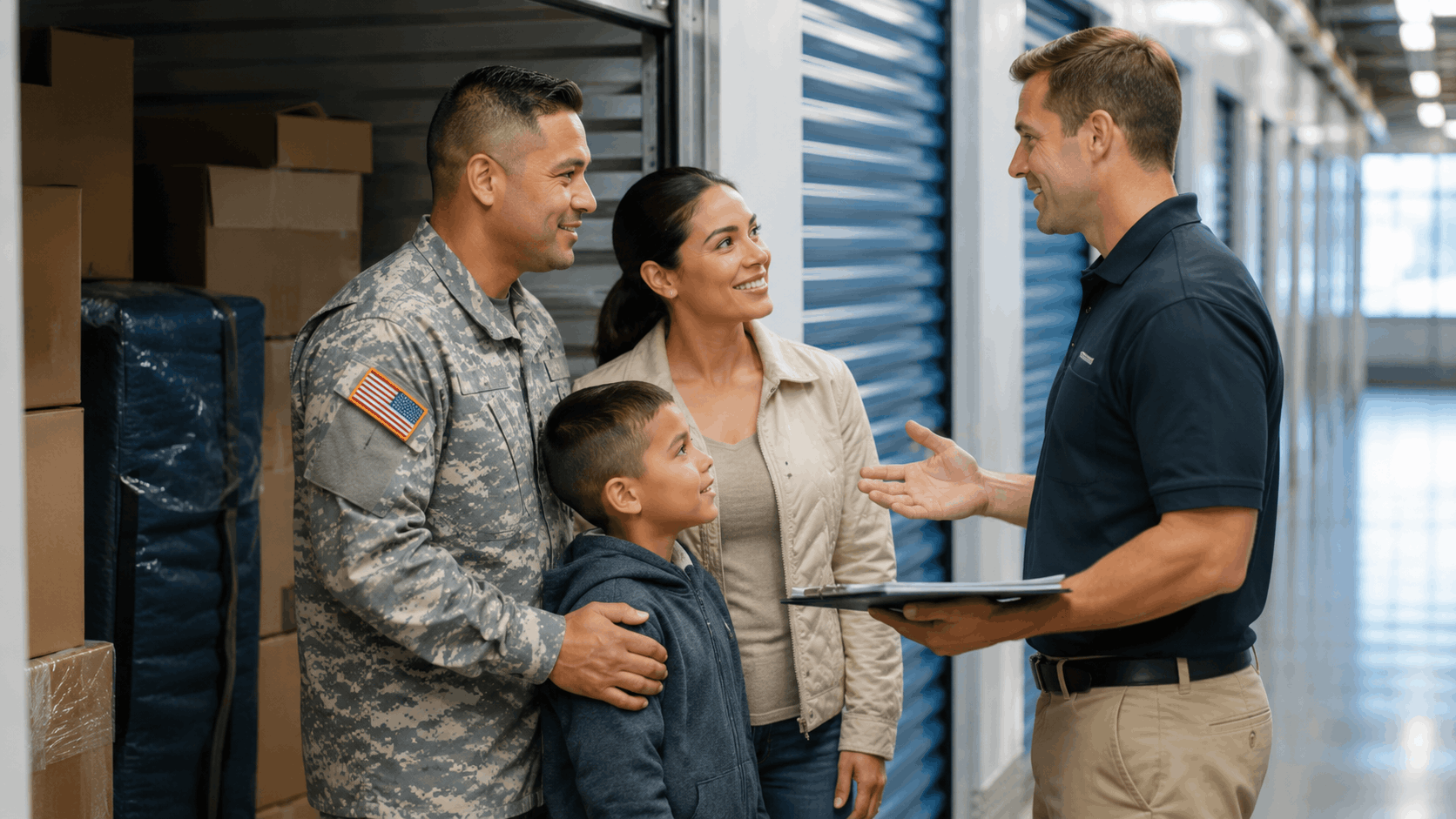 Military family with young son consulting Popeye Moving & Storage representative at Los Angeles storage facility