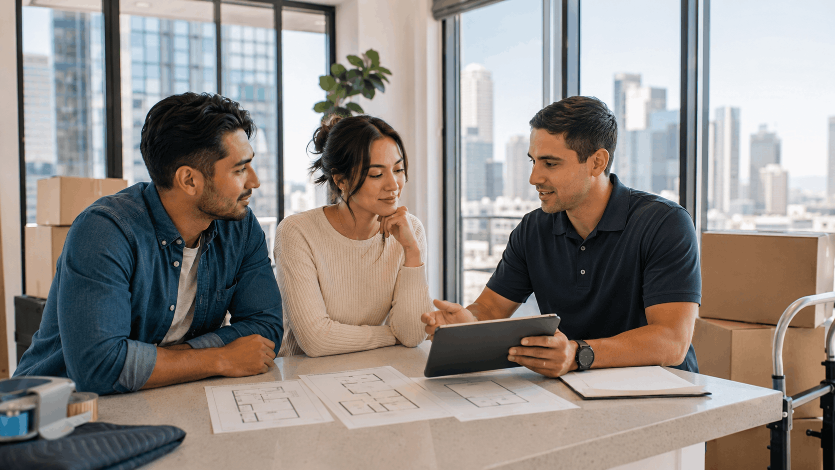 Couple reviewing floor plans with moving consultant in DTLA high-rise apartment
