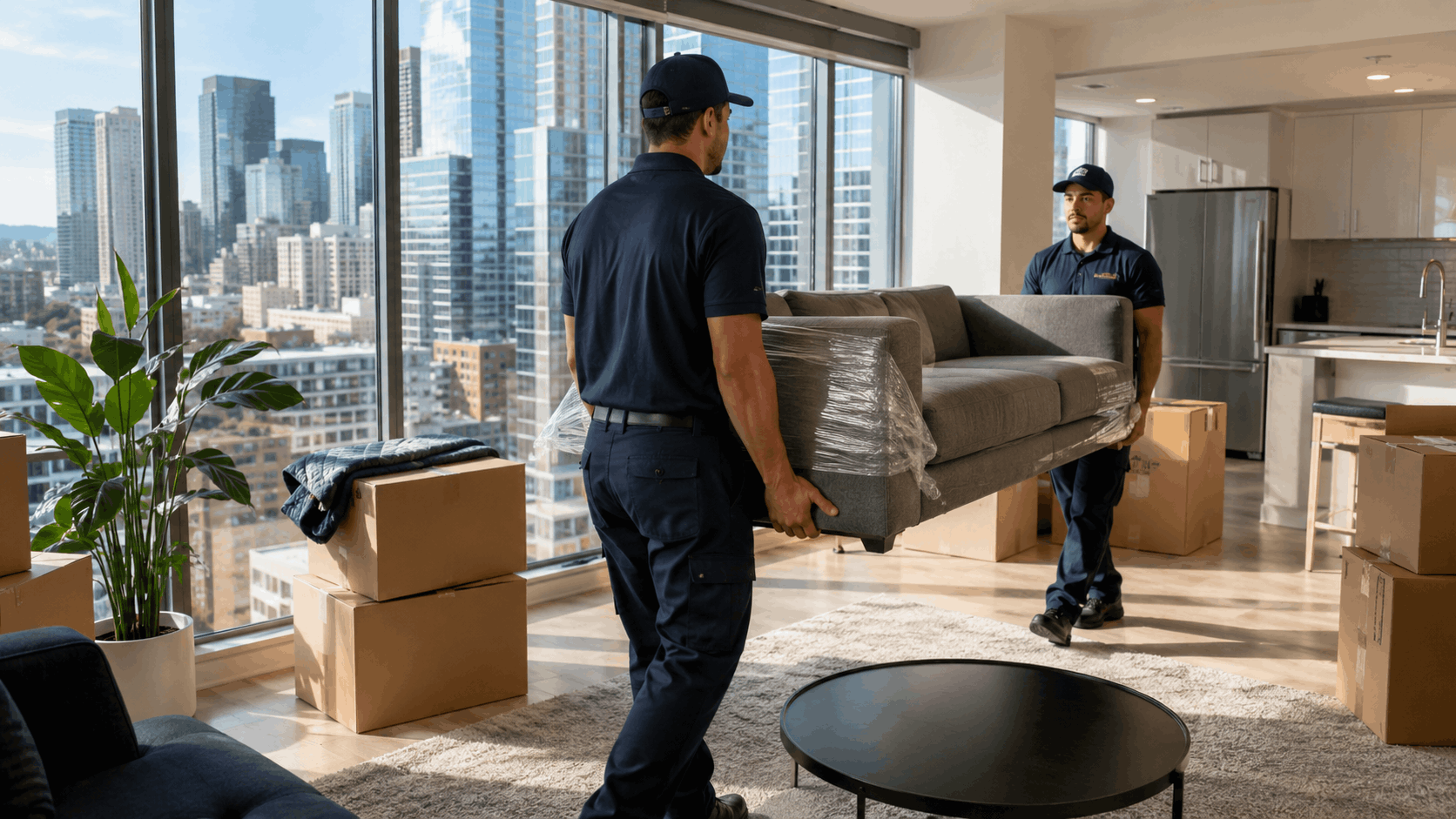 Two professional movers carrying wrapped sofa in modern DTLA high-rise apartment