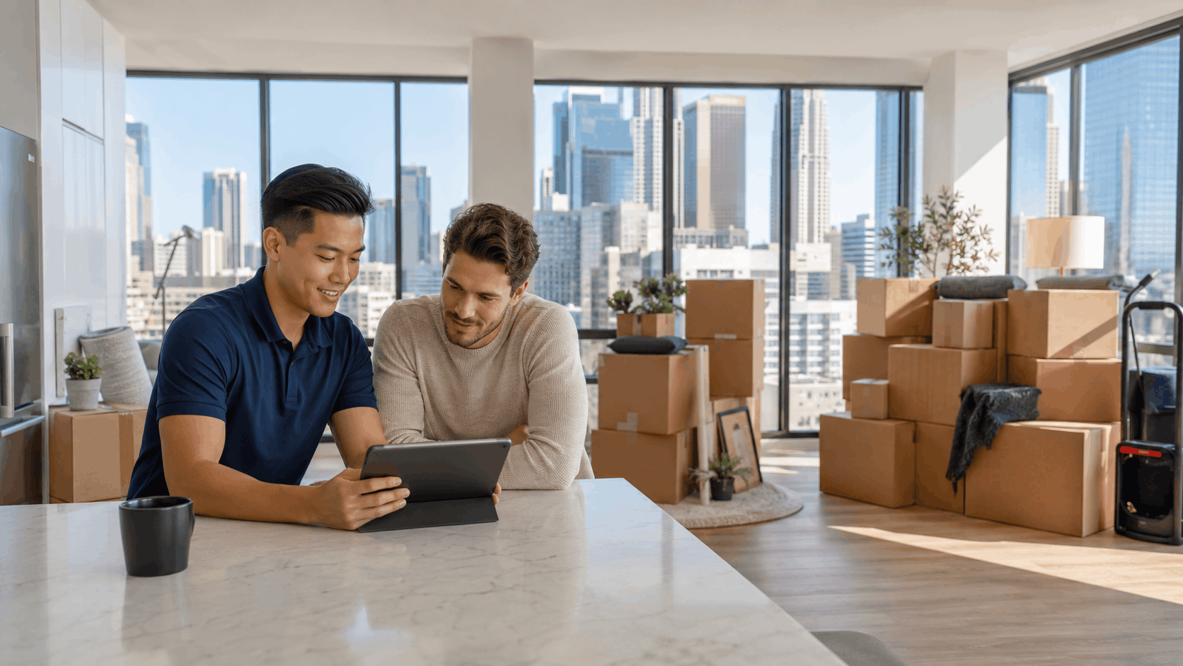Two men reviewing moving costs on tablet in Los Angeles apartment surrounded by boxes