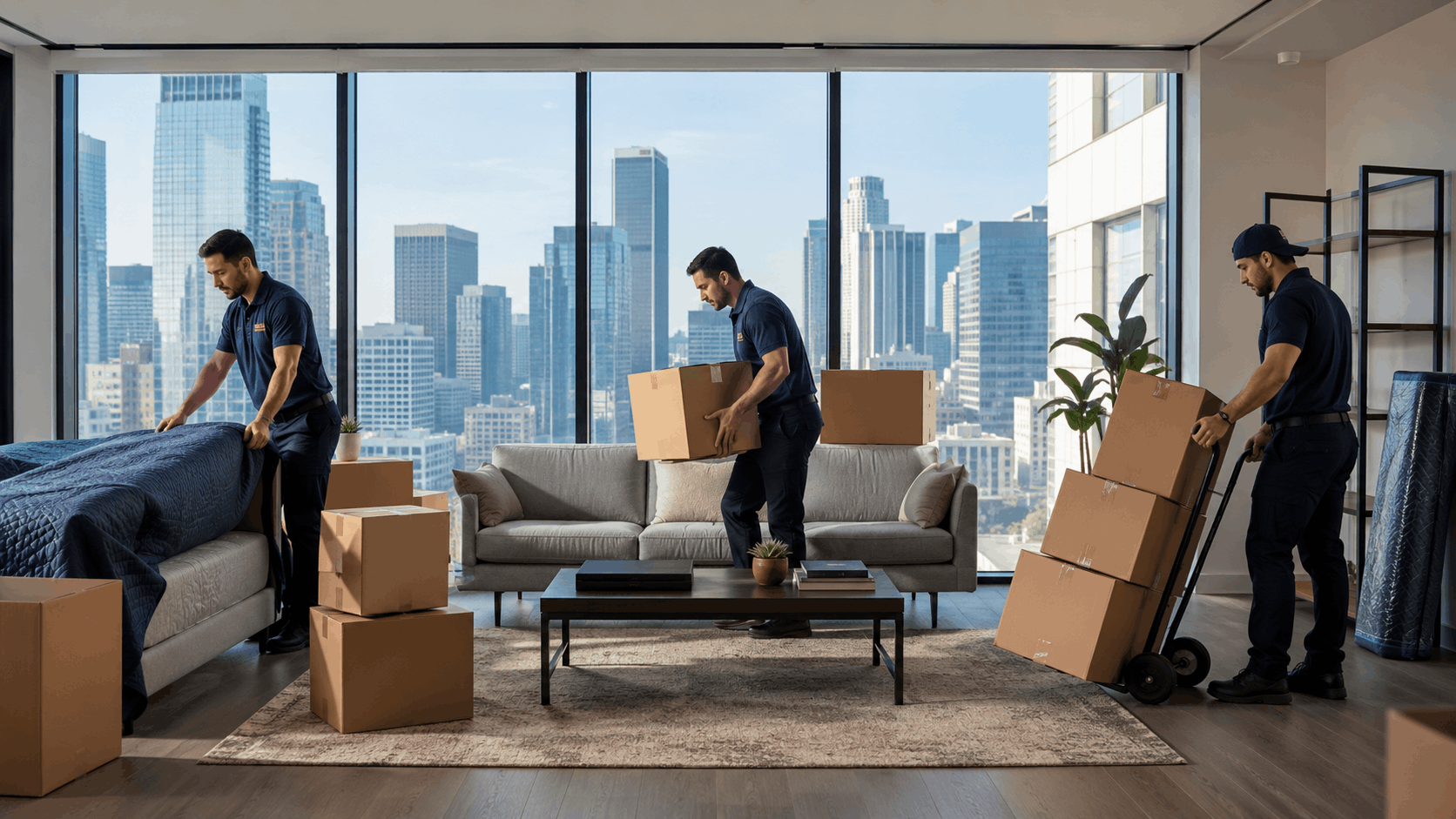 Three professional movers packing boxes in luxury DTLA high-rise apartment overlooking Los Angeles skyline