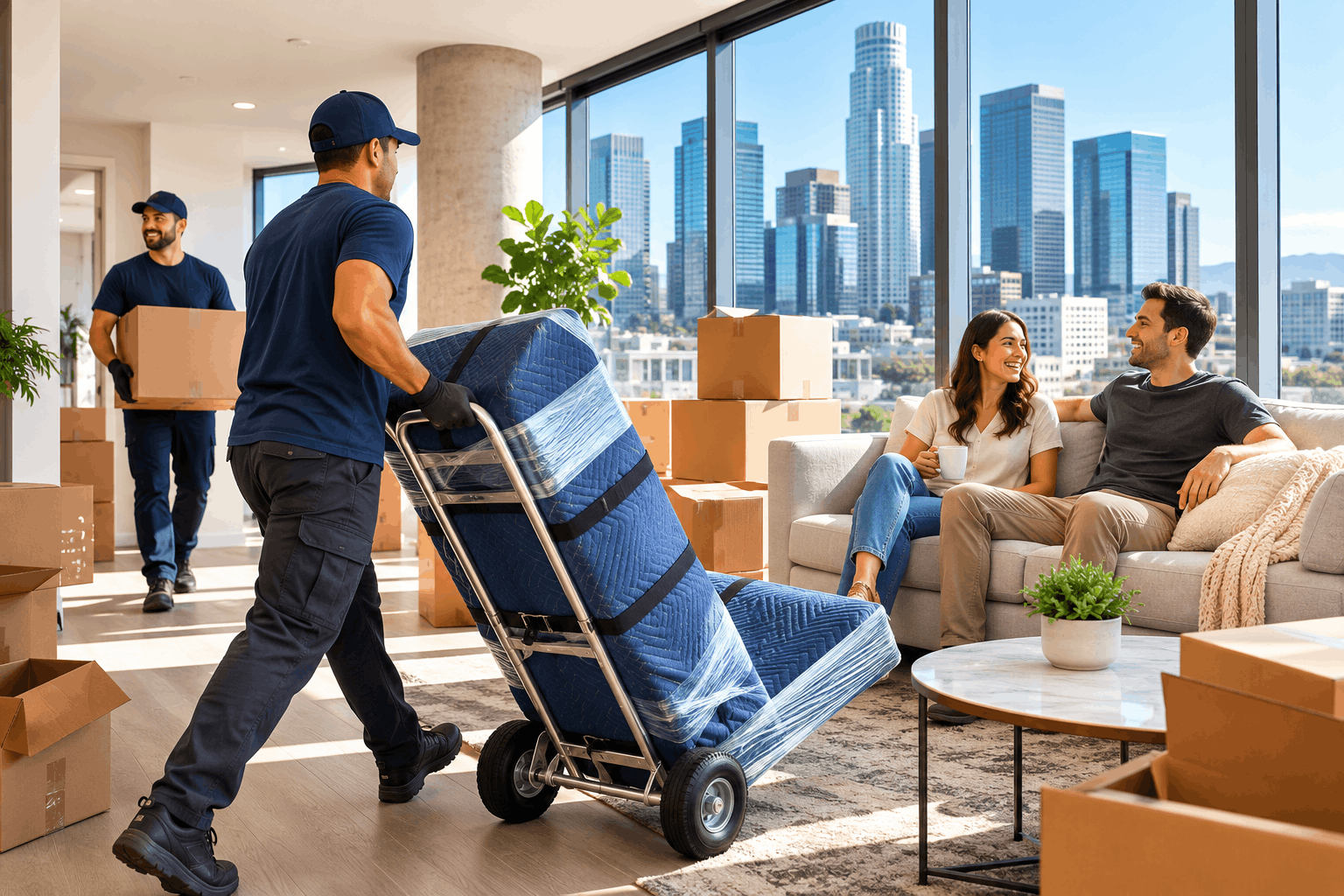 Professional movers helping Los Angeles couple relocate into modern high-rise apartment