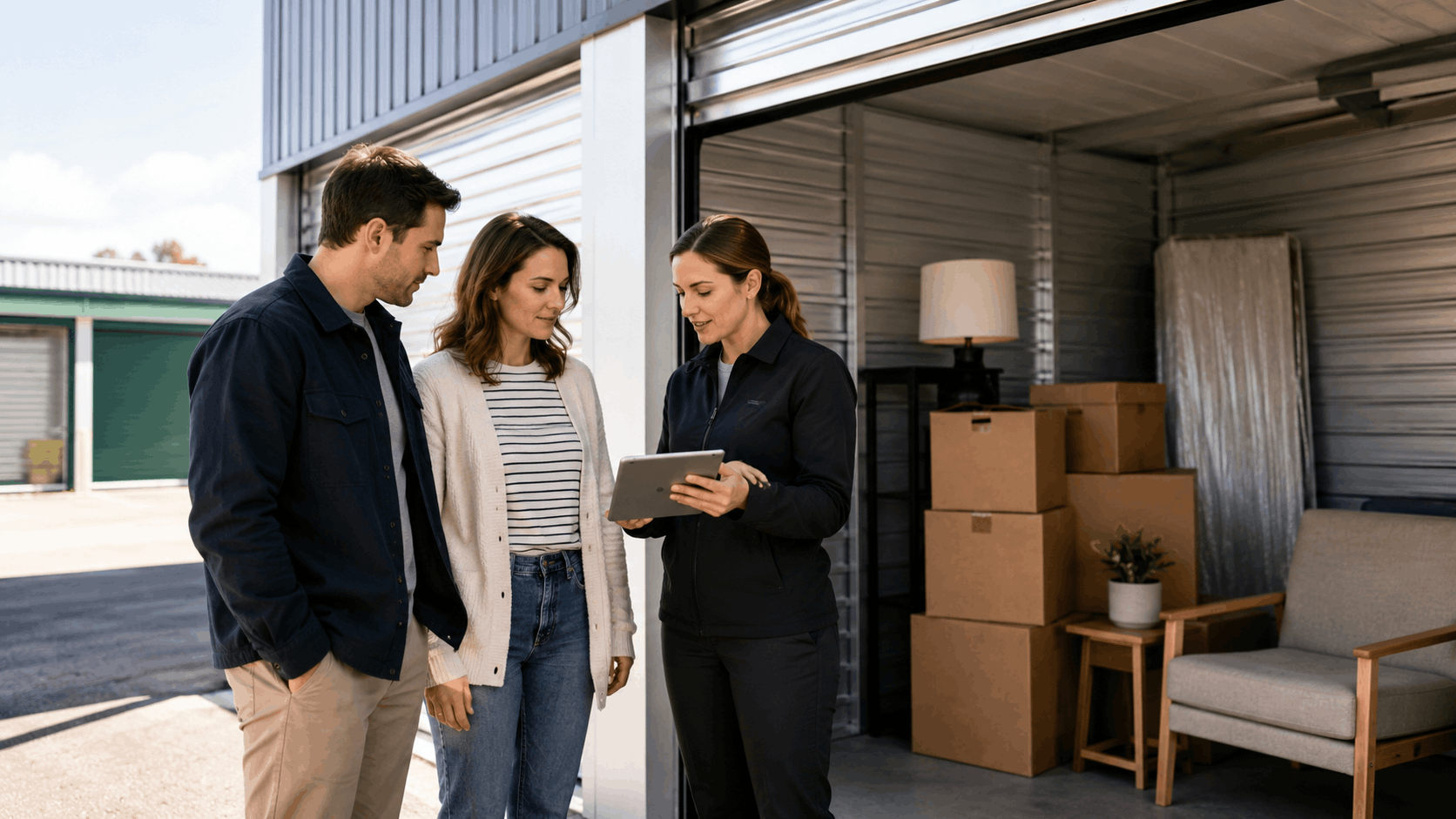 Storage facility employee showing tablet to couple outside open unit with boxes