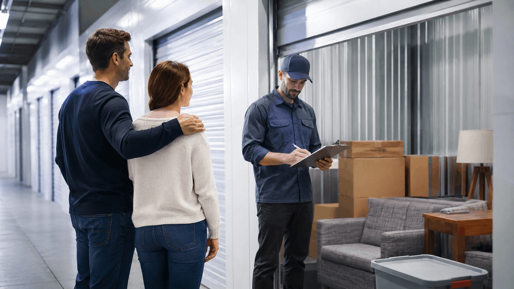 Couple and storage worker reviewing inventory at Los Angeles self-storage unit