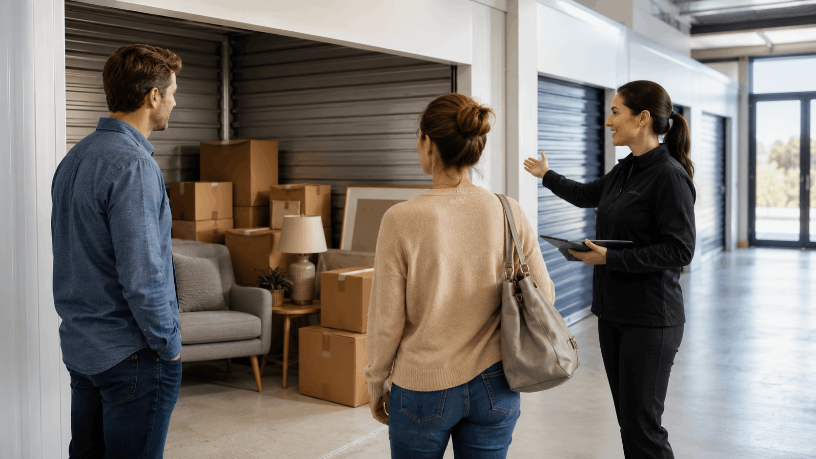 Storage facility manager showing couple a unit filled with boxes and furniture