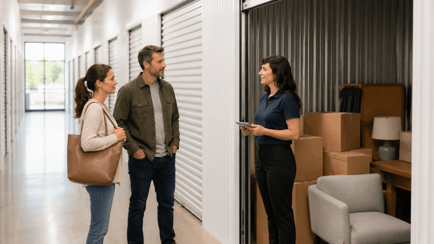 Storage facility employee showing divorce couple available unit with boxes inside