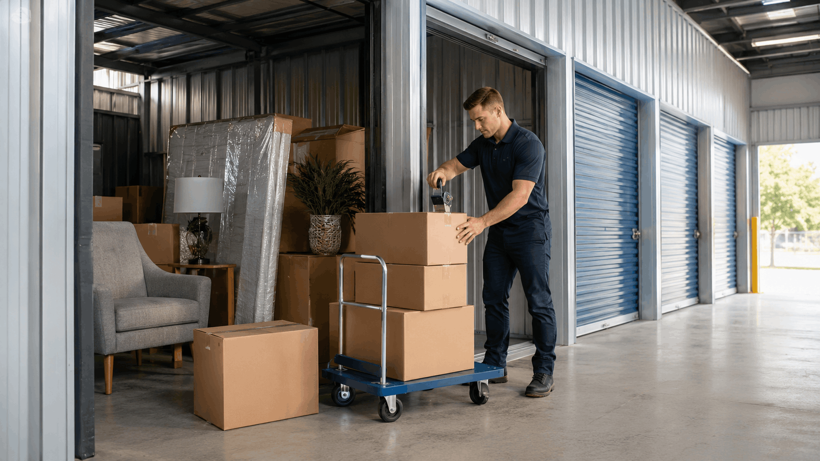 Man taping cardboard boxes on dolly cart at Los Angeles self-storage facility