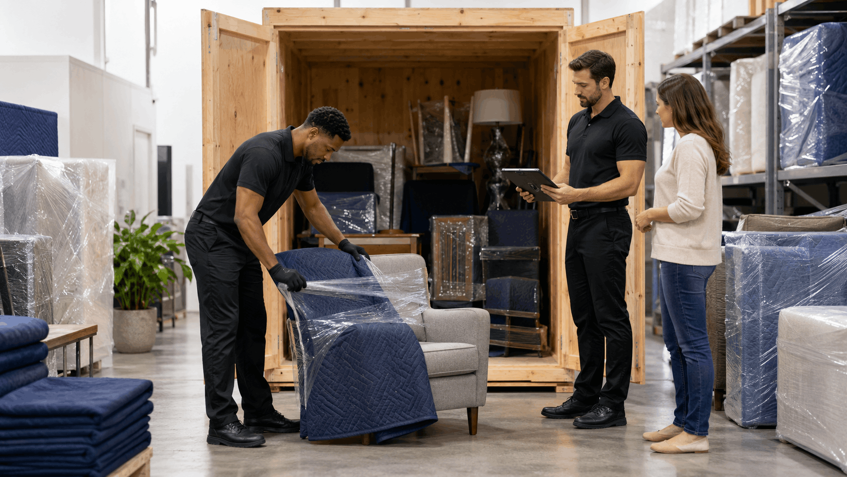 Professional movers wrapping furniture in vaulted storage facility in Los Angeles
