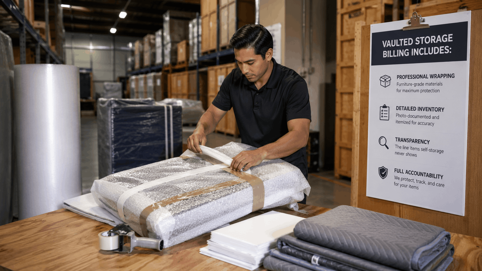 Warehouse worker wrapping furniture in bubble wrap for vaulted storage inventory documentation