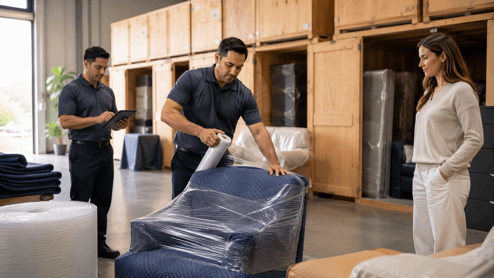 Professional movers wrapping furniture in plastic stretch wrap at Los Angeles moving storage facility