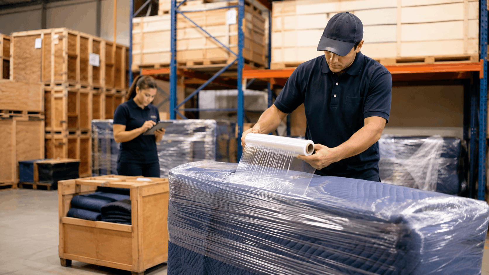 Warehouse workers wrapping furniture with stretch film for vaulted storage in Los Angeles