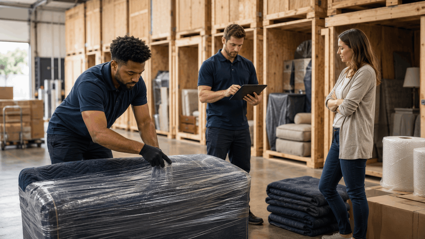 Popeye Moving crew wrapping furniture in storage warehouse with customer supervising