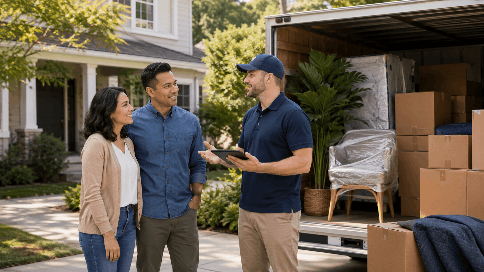 Movers discussing escrow paperwork with couple beside loaded moving truck