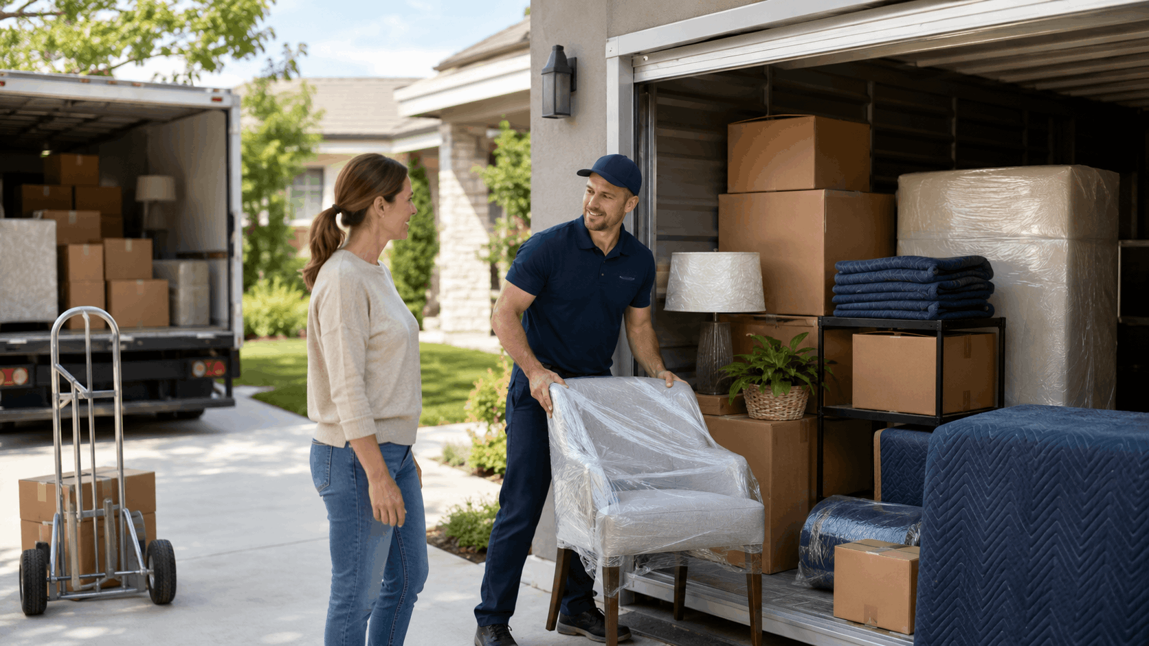 Professional mover unloading plastic-wrapped chair from storage truck in suburban driveway