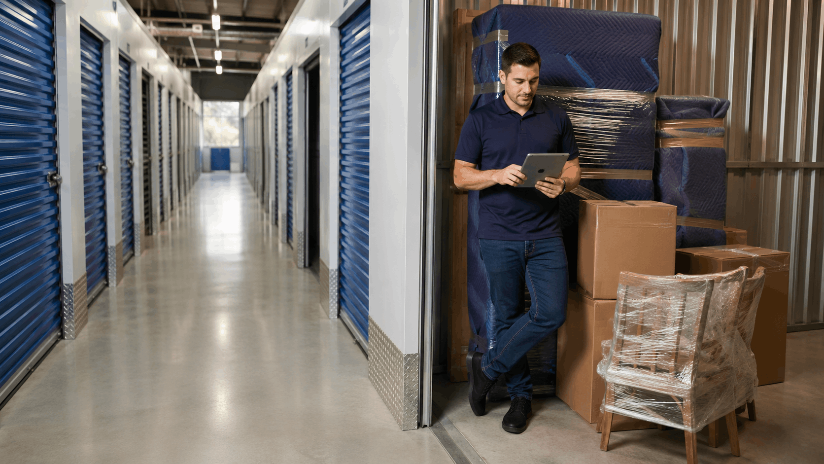 Man using tablet inside open self-storage unit with boxes and wrapped furniture