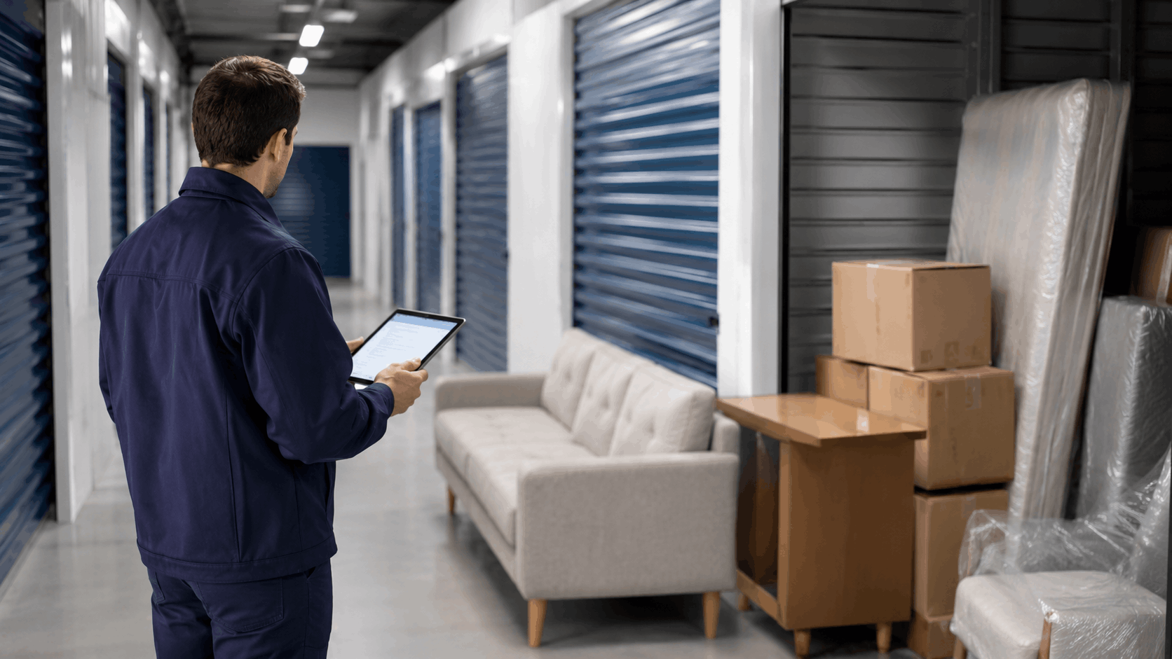 Moving company worker with tablet inspecting furniture and boxes in Los Angeles storage facility
