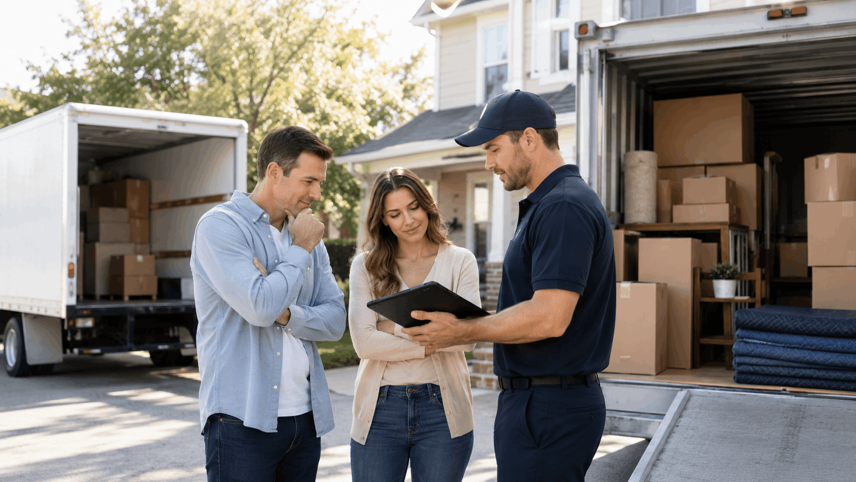 Los Angeles movers reviewing moving inventory checklist with homeowners beside loaded truck