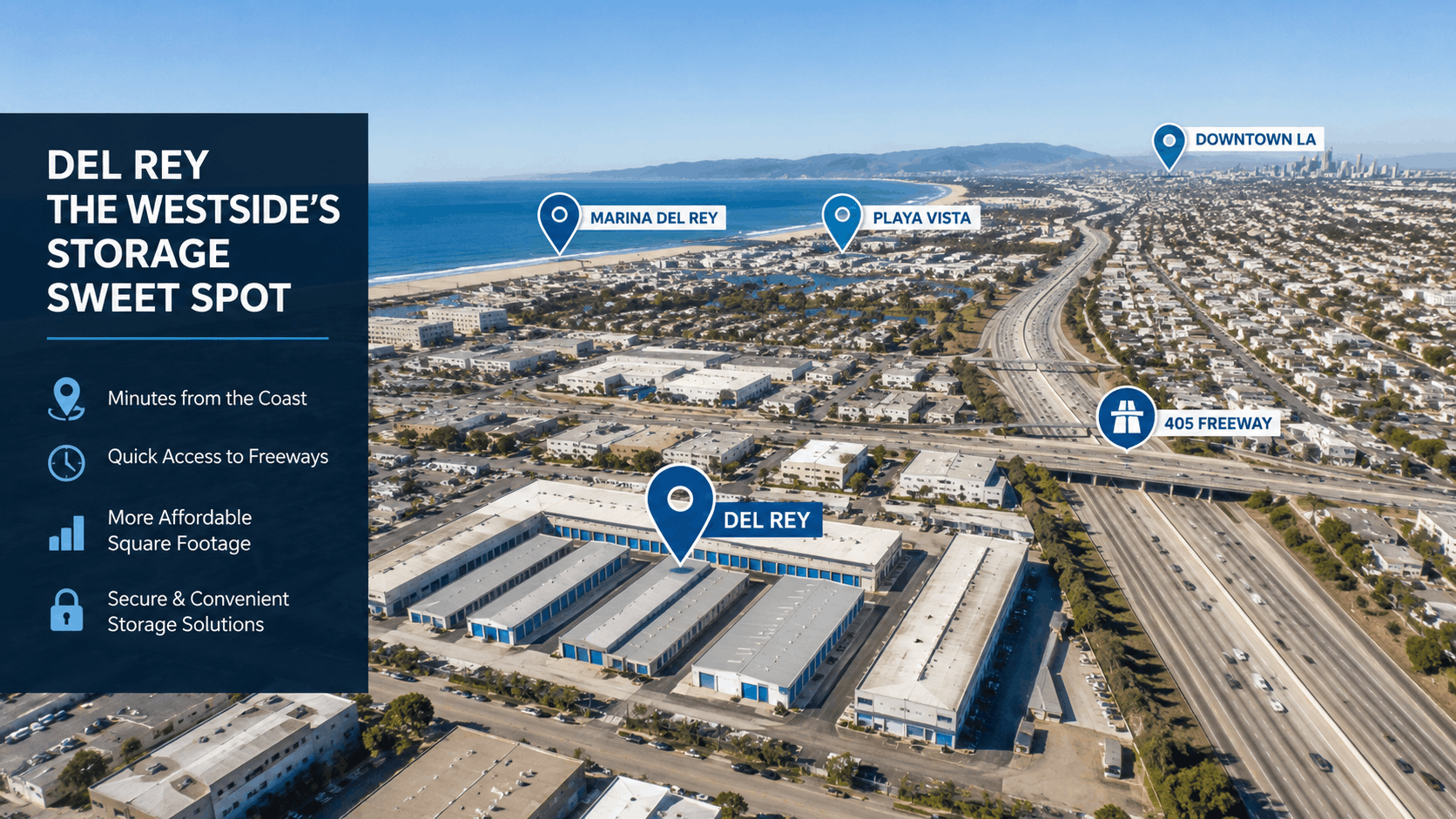 Aerial view of Del Rey storage facility near 405 Freeway and Marina Del Rey coastline