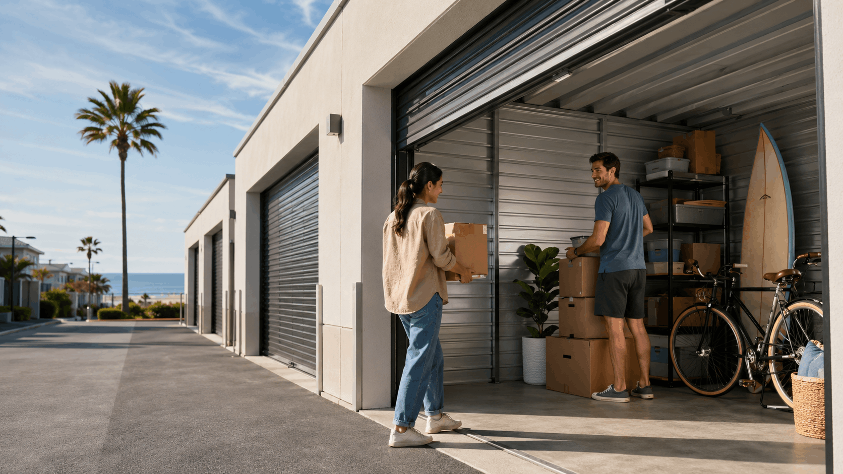 Couple organizing boxes and surfboard in outdoor storage unit near Del Rey beach