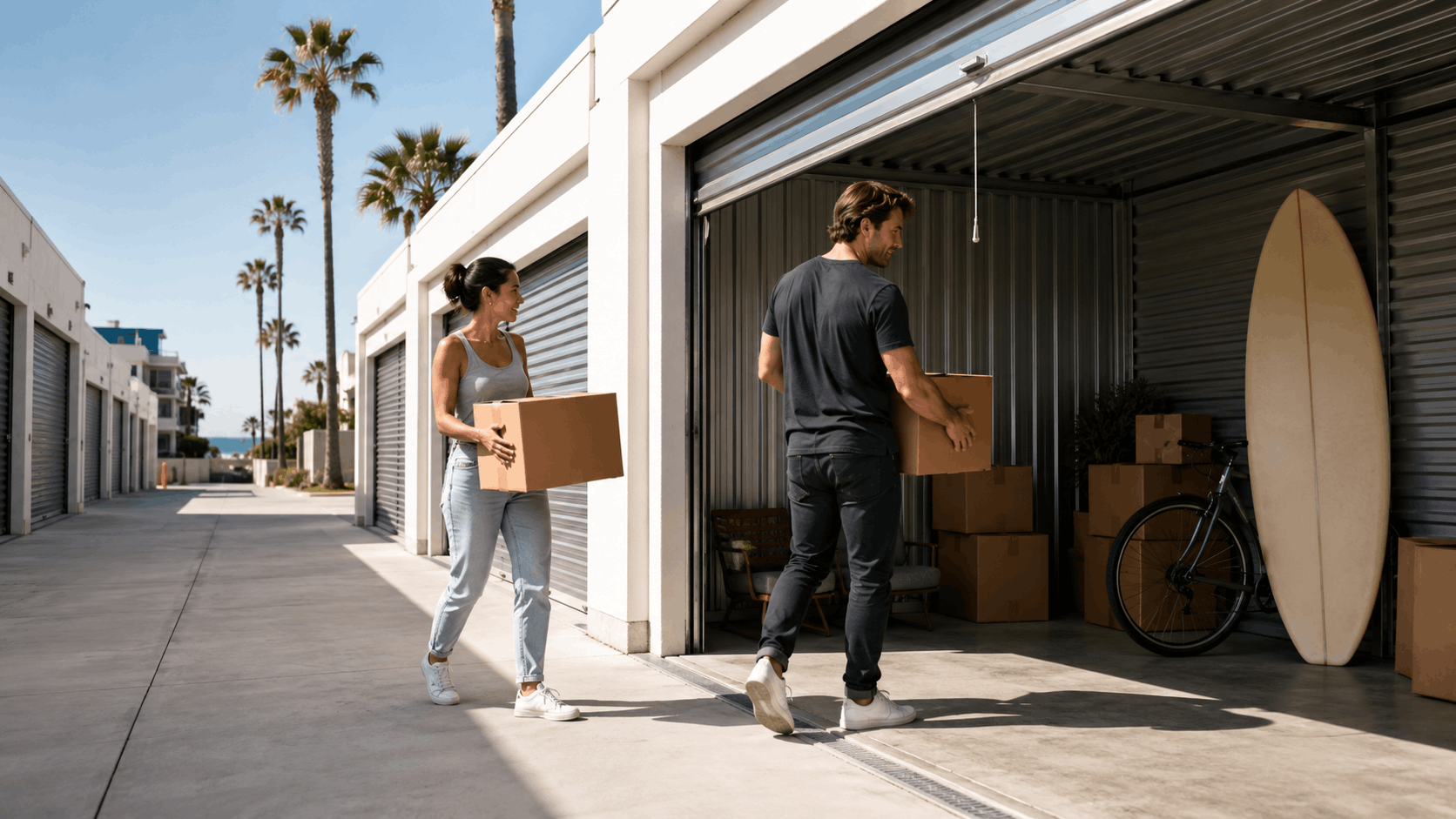 Couple carrying cardboard boxes into outdoor storage unit near Los Angeles coast