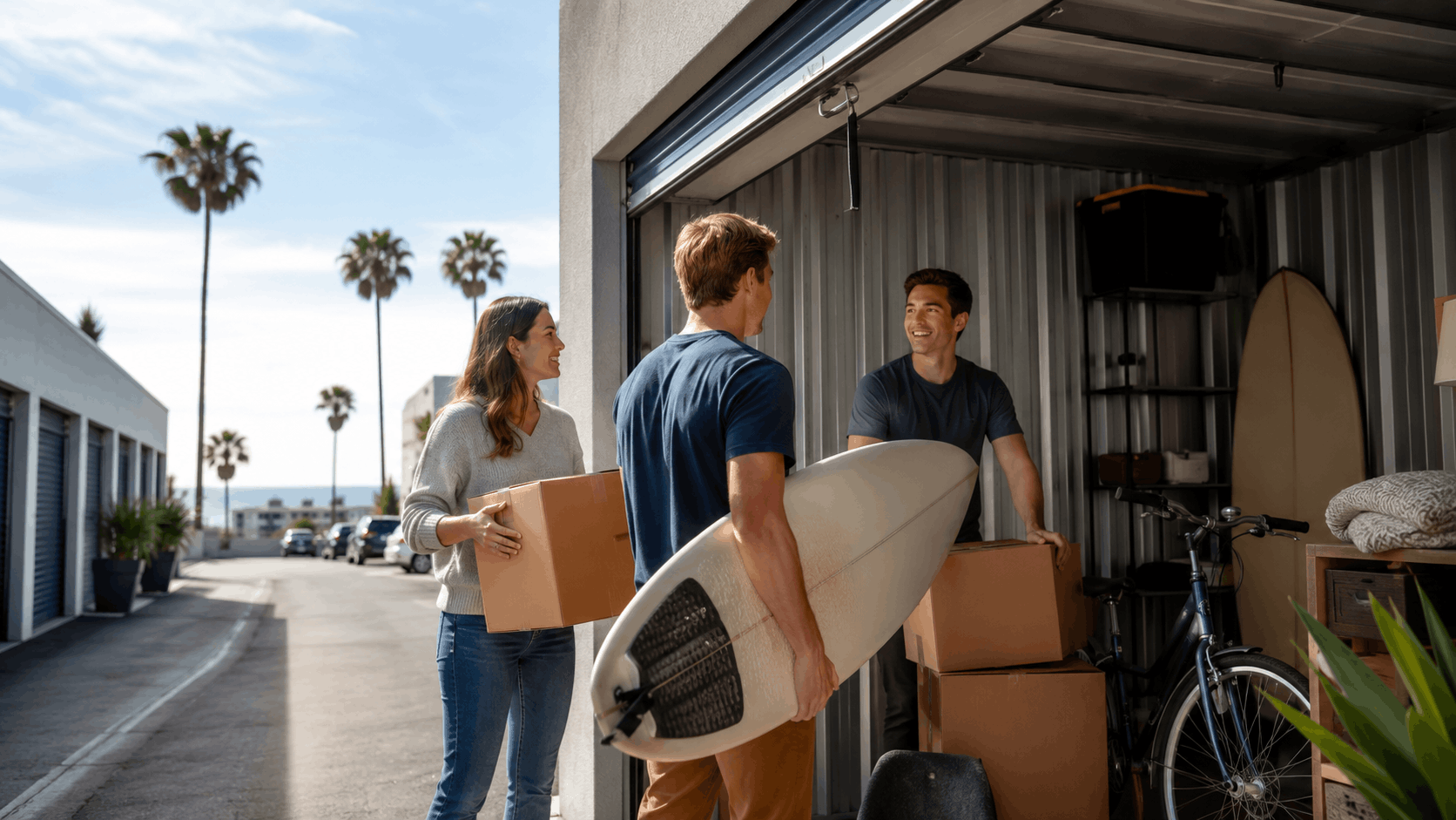 Three people loading boxes and surfboard into Los Angeles storage unit with palm trees