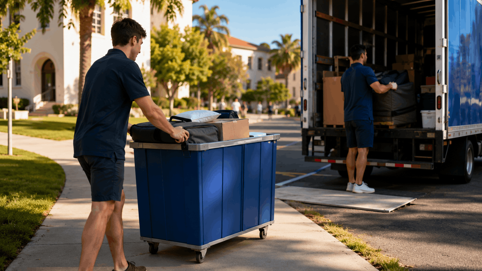 College students unloading moving truck with blue cart during summer move-out day