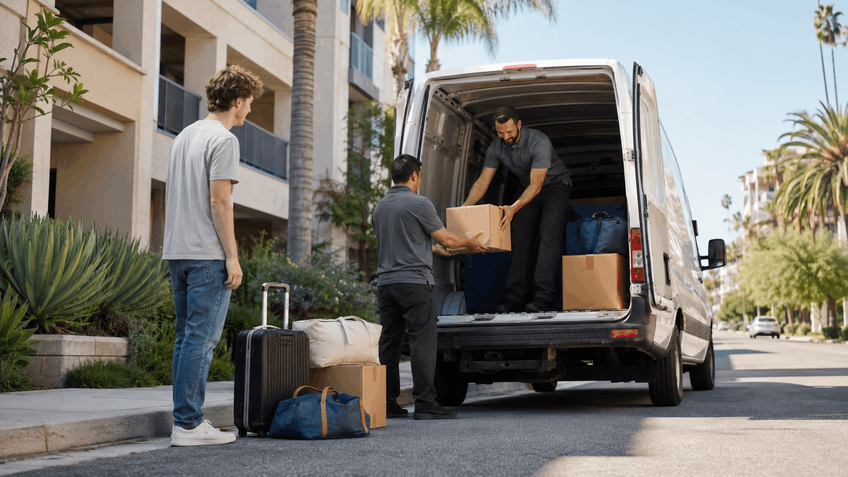 Two movers loading boxes and luggage into van outside Los Angeles apartment building