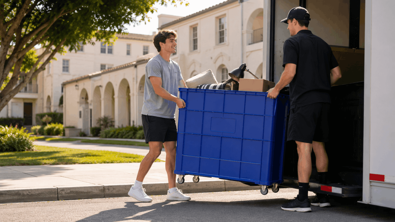 Two students loading a large blue rolling bin into a moving truck
