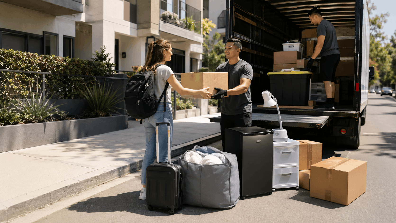 Woman handing box to Popeye Moving crew unloading truck in Los Angeles