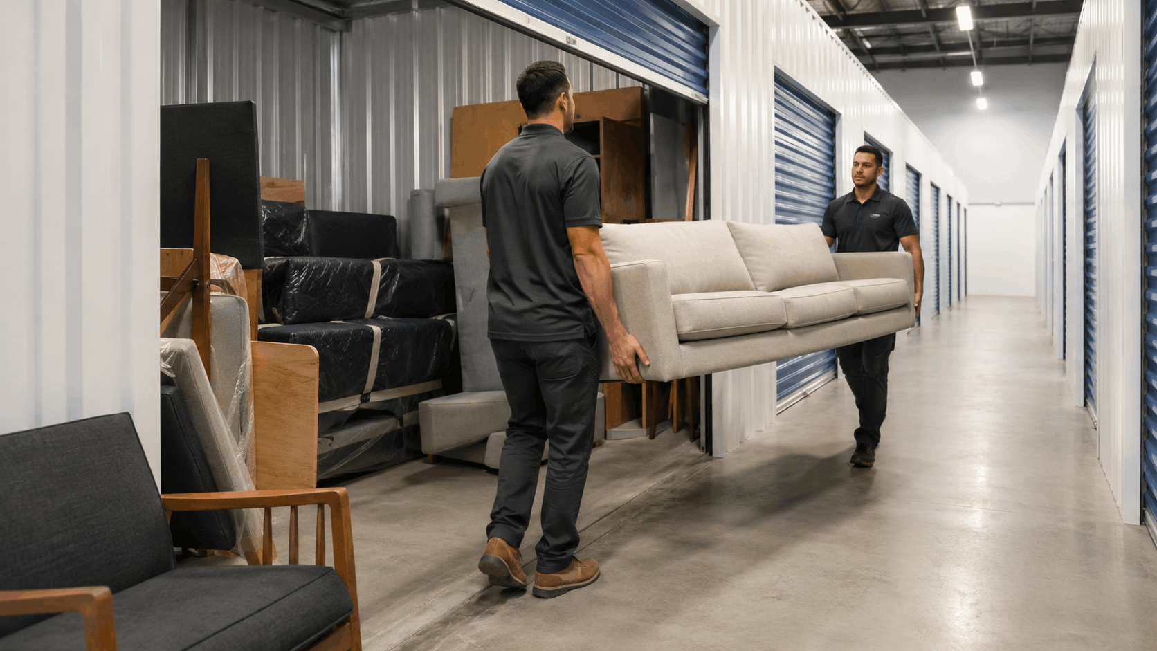 Two movers carrying a beige sofa into a Santa Monica storage unit facility