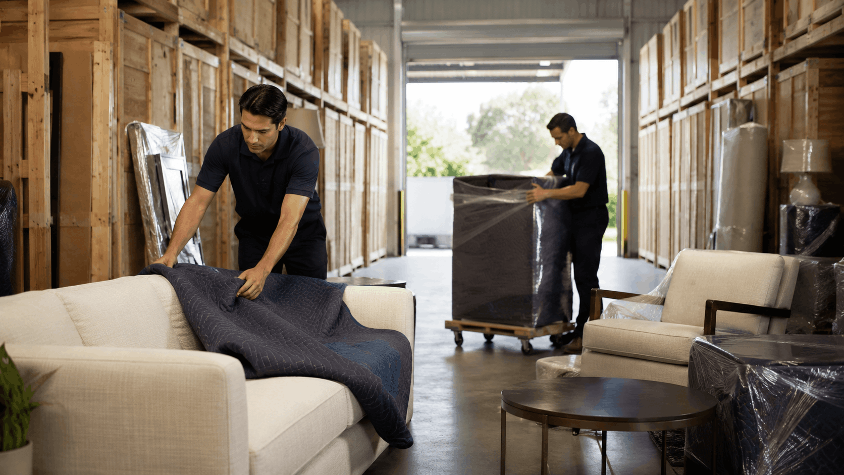 Two movers wrapping white sofa with moving blanket in Los Angeles storage warehouse