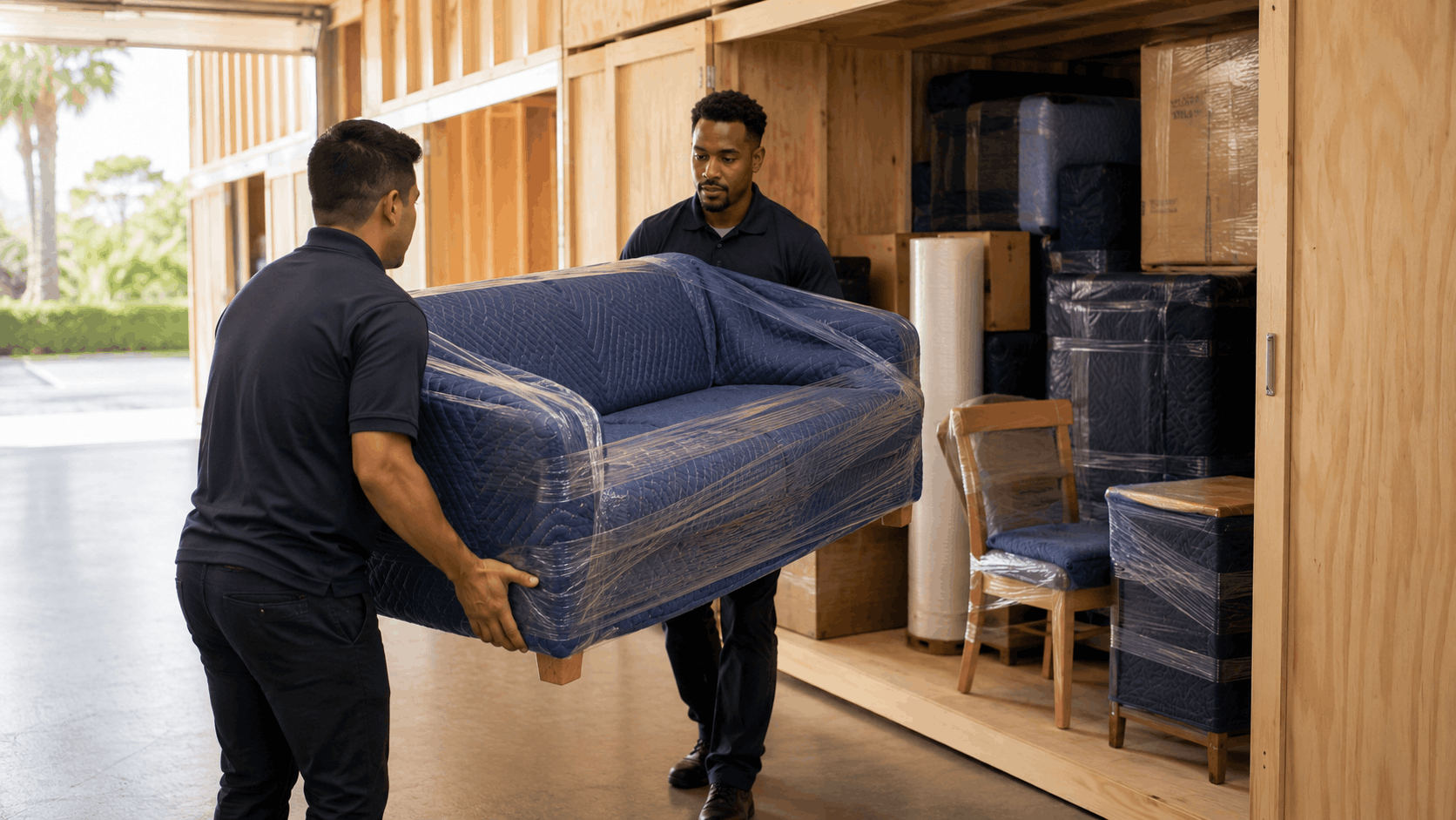 Two Popeye Moving crew members carefully carrying wrapped sofa into storage vault