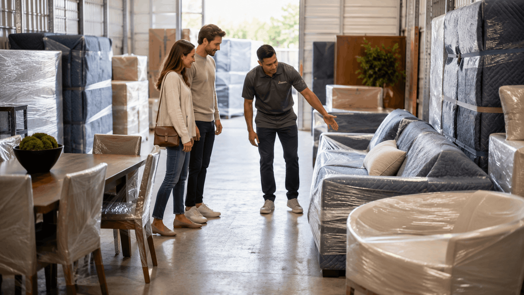 Popeye Moving staff showing wrapped furniture and sofas to couple in storage warehouse