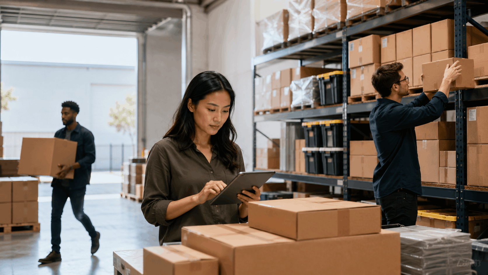 Warehouse workers managing inventory boxes and tablet near Los Angeles storage facility
