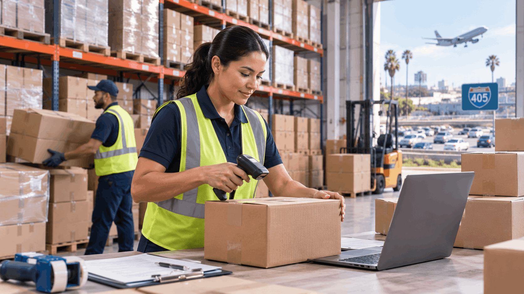 Warehouse worker scanning packages near I-405 freeway in Los Angeles storage facility