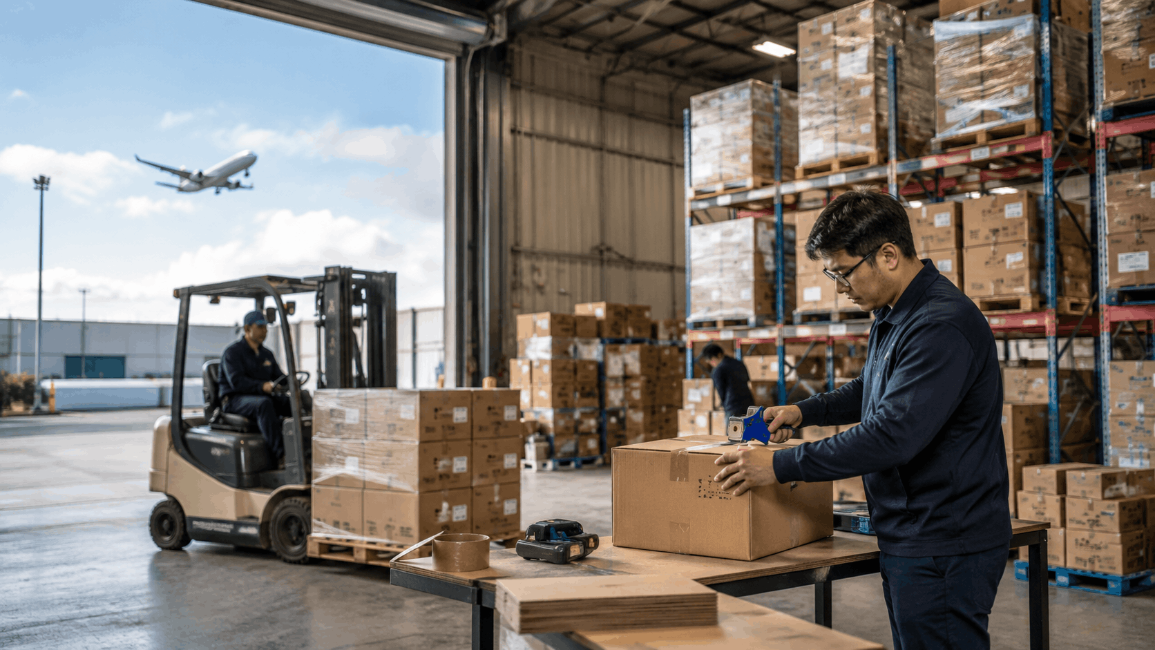 Warehouse workers taping boxes near forklift with cargo plane flying overhead