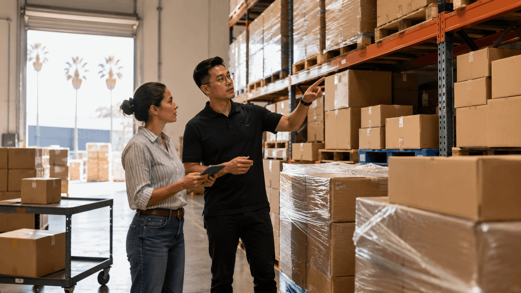 Two warehouse workers reviewing inventory on storage shelves in Los Angeles facility