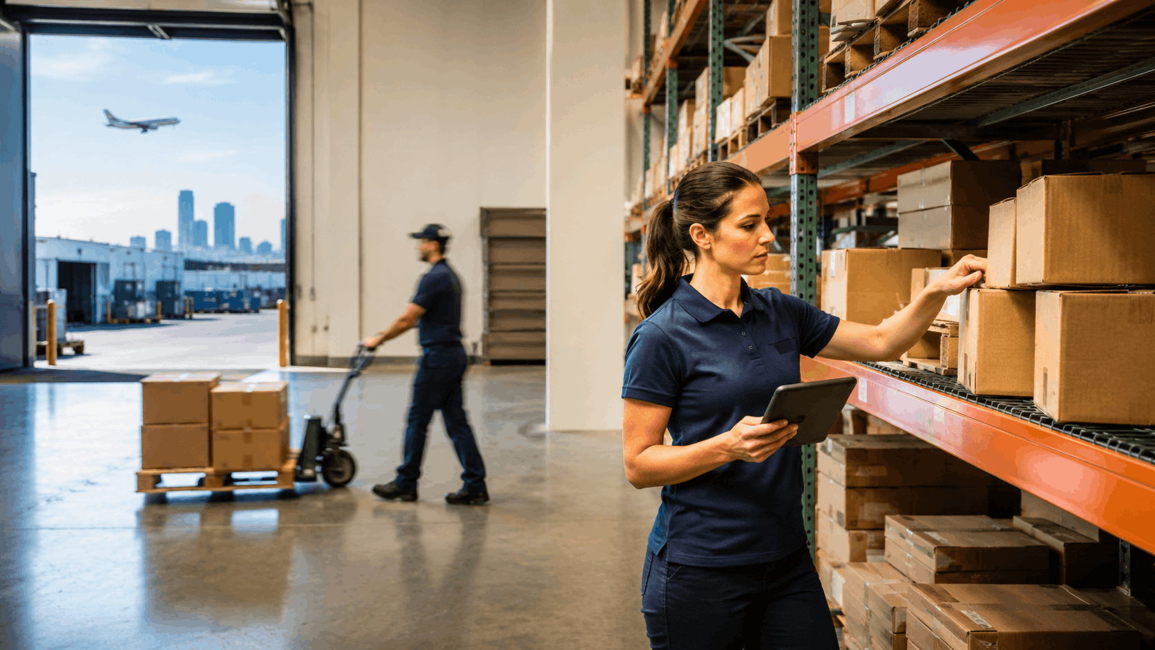 Warehouse workers managing inventory with tablet near shelving units and loading dock Los Angeles